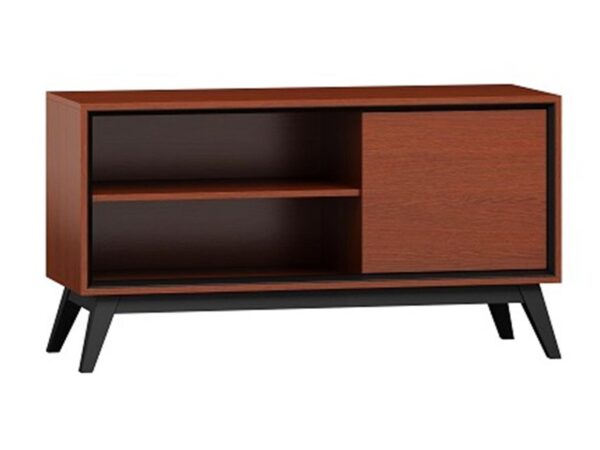 Niska szafka RTV z drewna i czarną podstawą w stylu retro