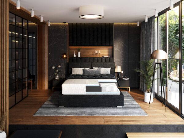 Czarne łóżko z dekoracyjnym zagłówkiem i białym materacem