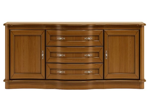 Długa komoda z trzema szafkami i szufladami na środku