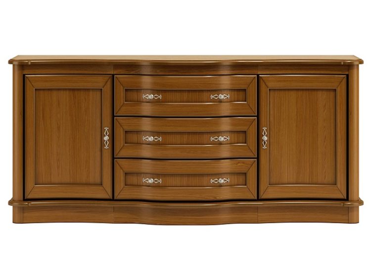 Długa komoda z trzema szafkami i szufladami na środku