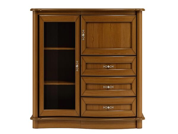 Komoda z witryną z lewej strony i zamkniętym frontem z prawej