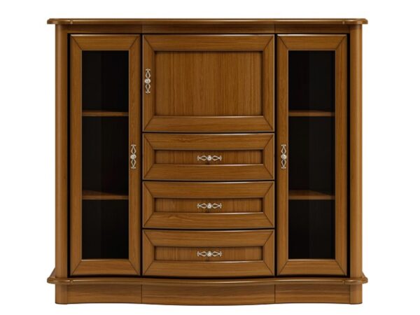 Komoda z przeszklonymi drzwiami i czterema szufladami pośrodku