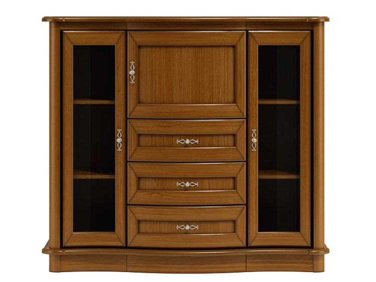 Komoda z przeszklonymi drzwiami i czterema szufladami pośrodku