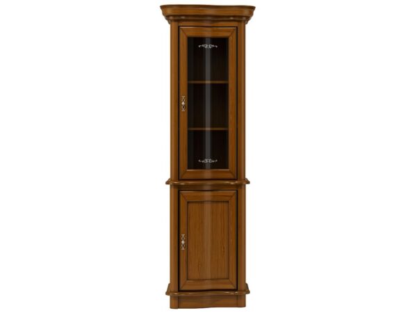 Wysoka witryna jednodrzwiowa z ozdobnym wieńcem górnym