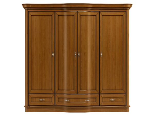 Duża szafa czterodrzwiowa z dolnymi szufladami i ozdobnymi uchwytami