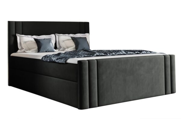 Czarne łóżko z pikowanym zagłówkiem i dekoracyjnym narzutom