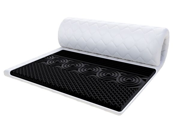 Materac sprężynowy z czarnym pokrowcem i białym obszyciem do sypialni