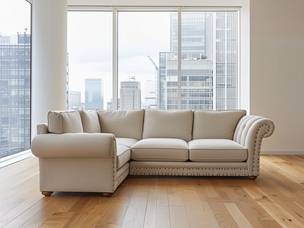 Beżowa sofa z jasną tapicerką w nowoczesnym salonie z widokiem na miasto