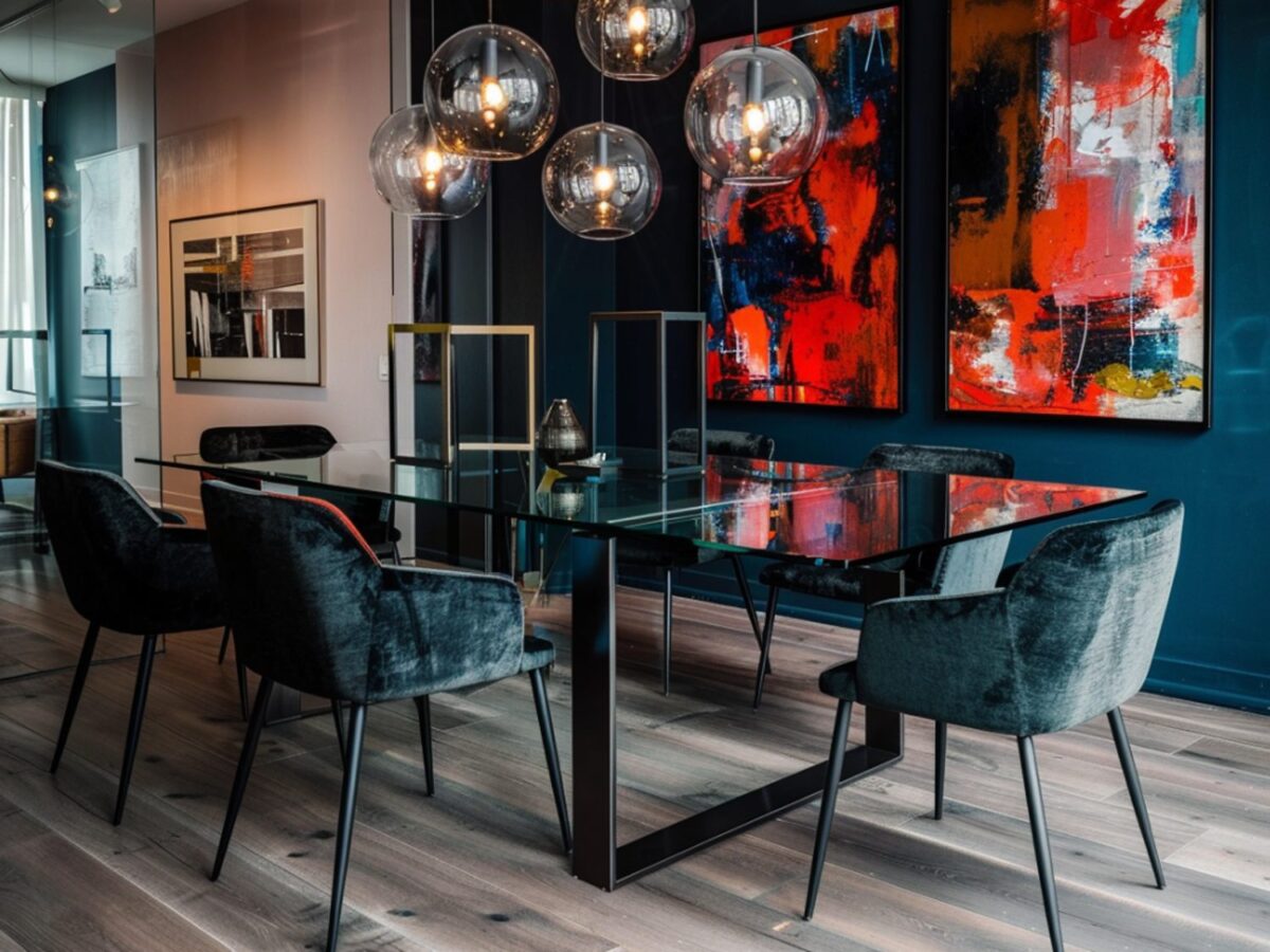 Czarny stół z welurowymi krzesłami i lampami kulami w jadalni glamour