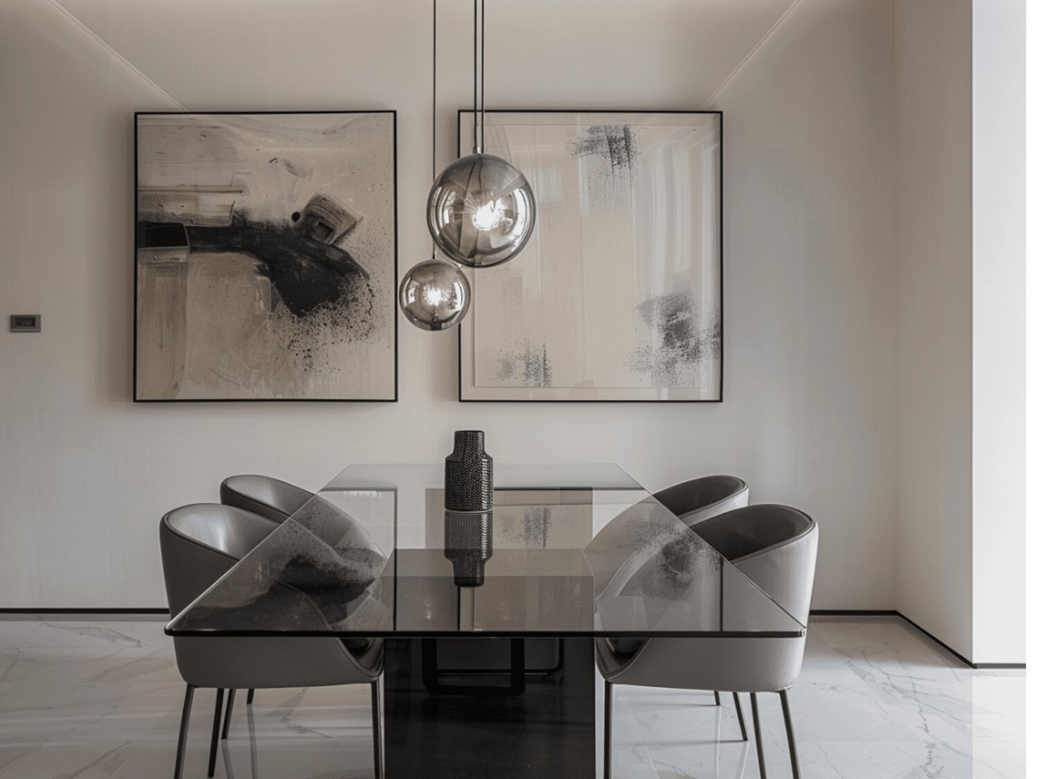 Przezroczysty stół z tapicerowanymi krzesłami w eleganckiej jadalni