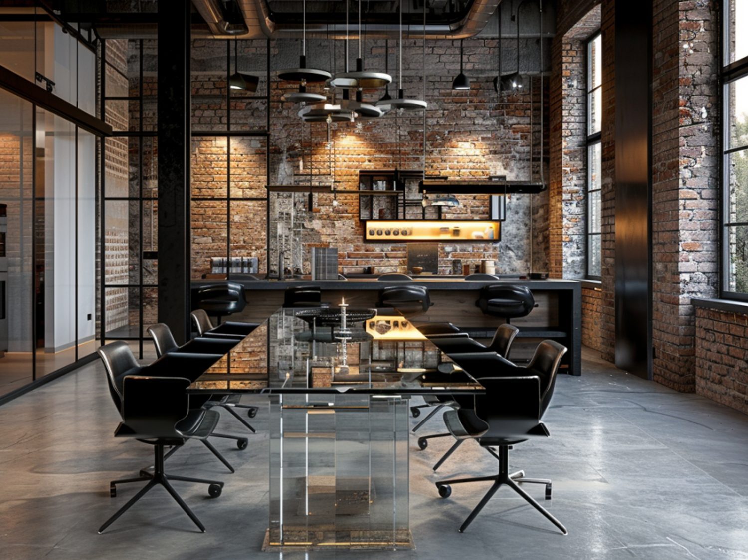 Stół jadalniany z blatem szklanym i czarnymi krzesłami loftowymi