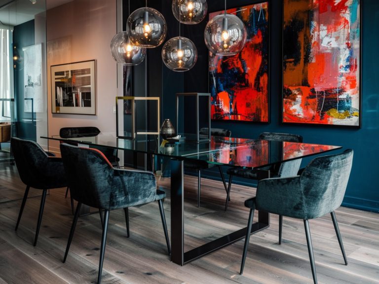 Czarny stół z welurowymi krzesłami i lampami kulami w jadalni glamour