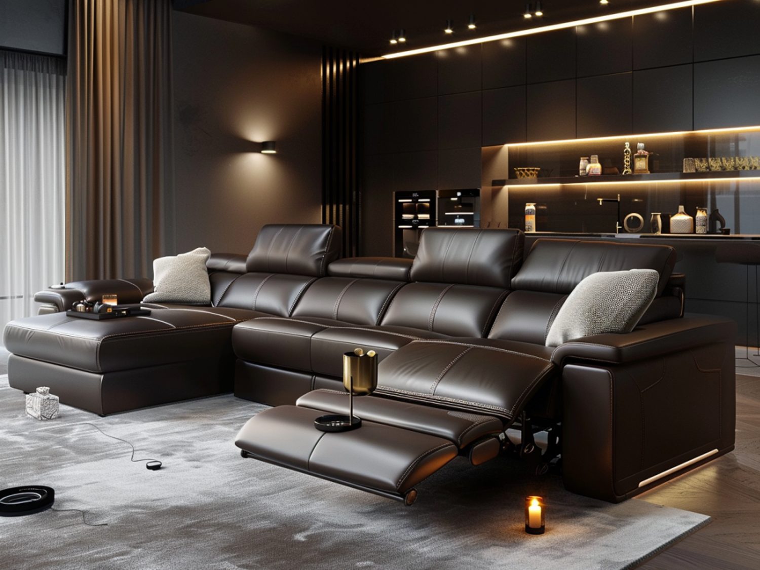 Duży skórzany narożnik z funkcją relaksu do nowoczesnego salonu
