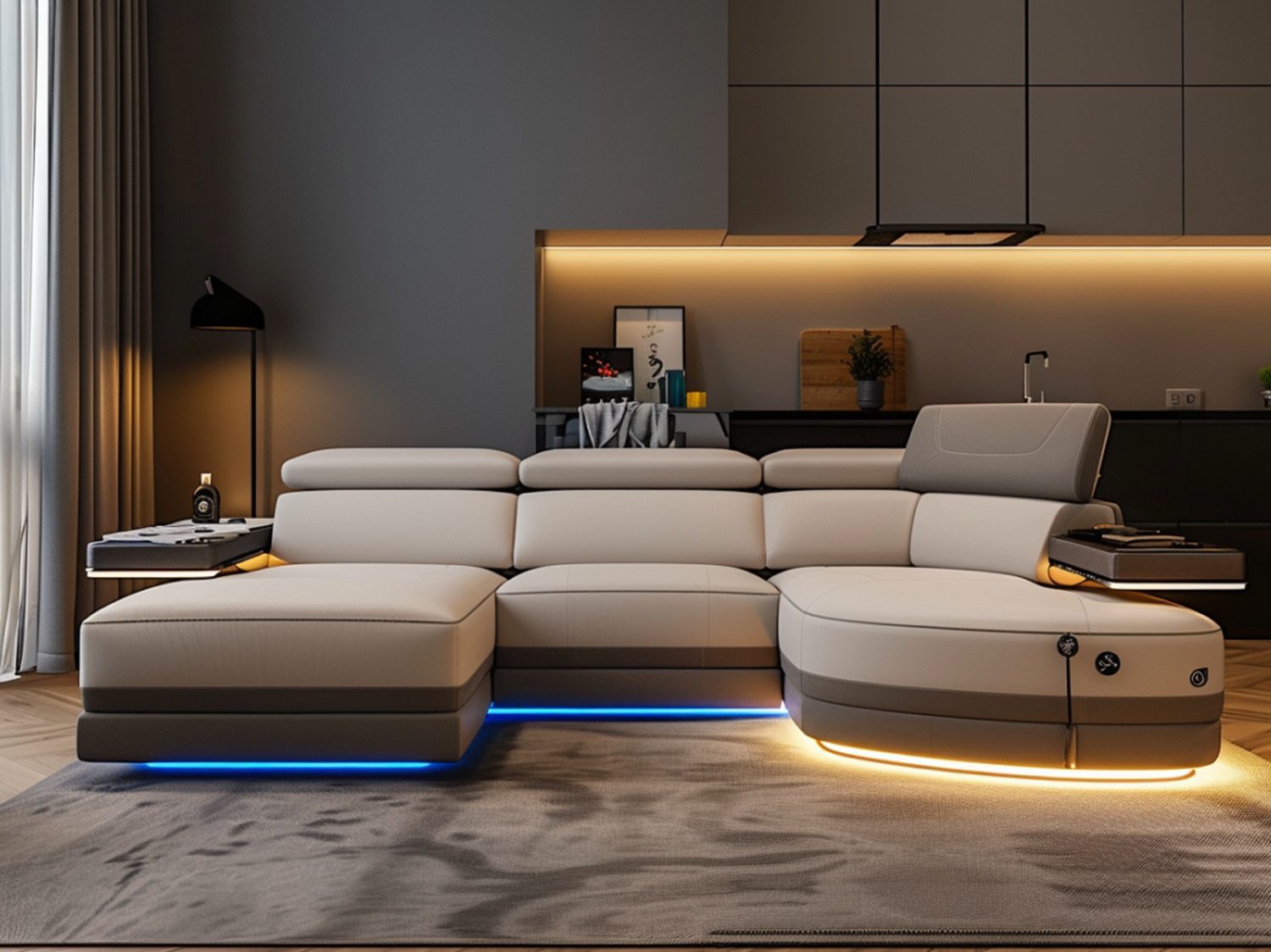 Nowoczesna beżowa sofa modułowa z podświetleniem LED w salonie