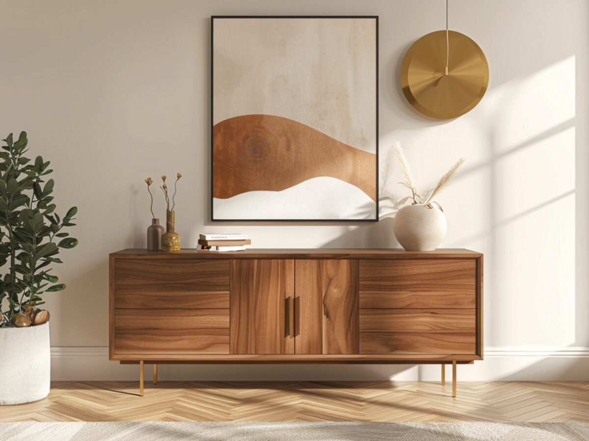 Drewniana komoda z litego drewna w stylu mid-century do sypialni