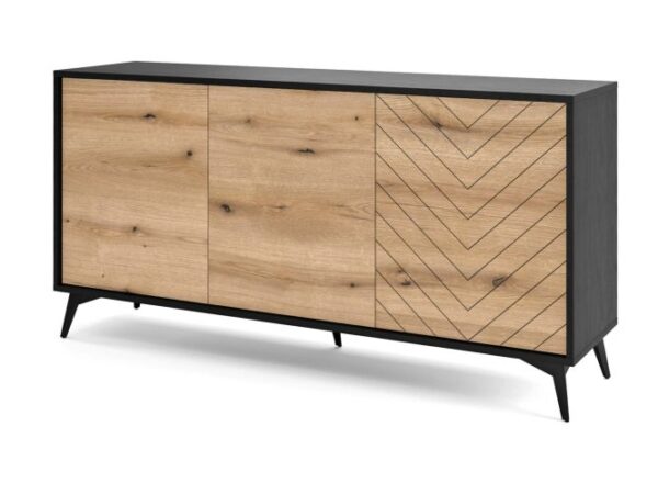 Komoda z czarną ramą i wzorem jodełki – minimalistyczna aranżacja salonu