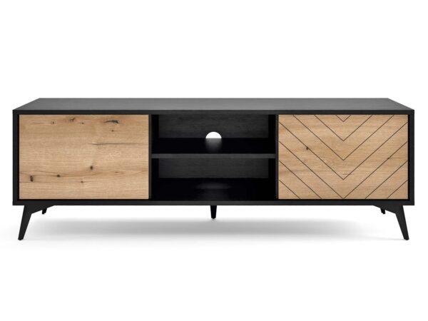 Nowoczesna szafka RTV z czarnym korpusem i jasnym frontem