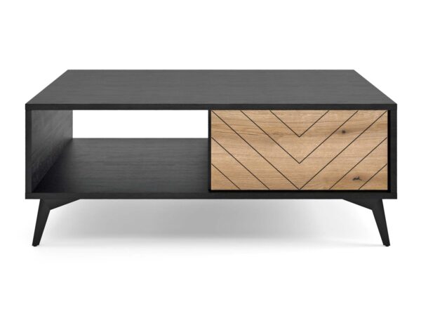 Czarno-drewniana ława z otwartą wnęką – geometryczne wzornictwo