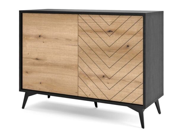 Komoda z jodełką i metalową ramą – smukłe nóżki i geometryczny wzór