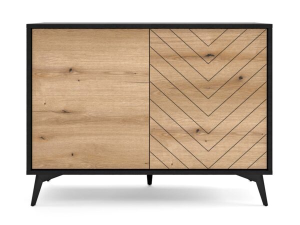 Komoda z jodełką i metalową ramą – smukłe nóżki i geometryczny wzór