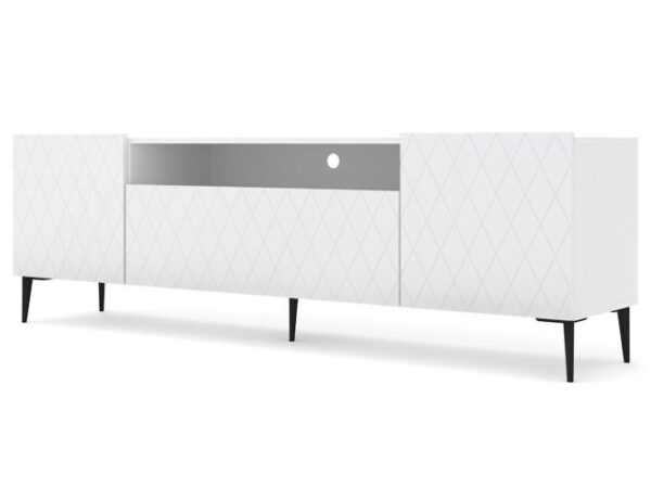 Biała szafka RTV z podnoszoną klapą i otworem kablowym