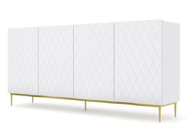 Biała komoda z trzema frontami i złotymi nogami, styl nowoczesny