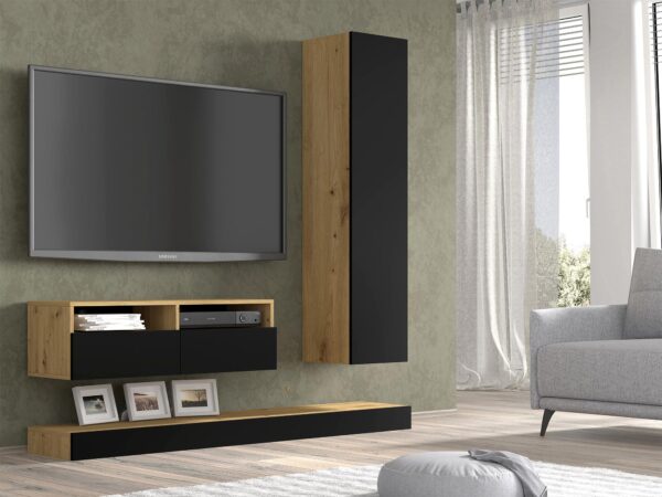 Szafka RTV i szafka pionowa w salonie w stylu loftowym z drewnem