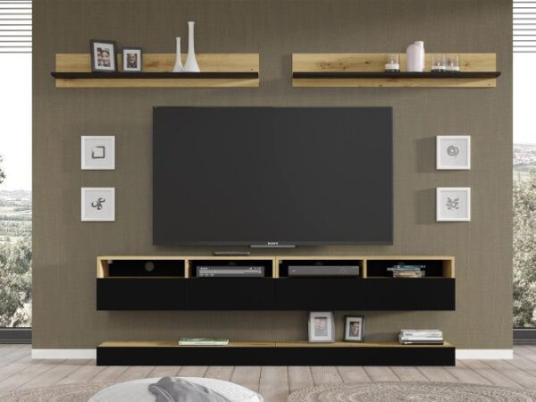 Zestaw mebli RTV z półkami i szafkami wiszącymi w stylu nowoczesnym