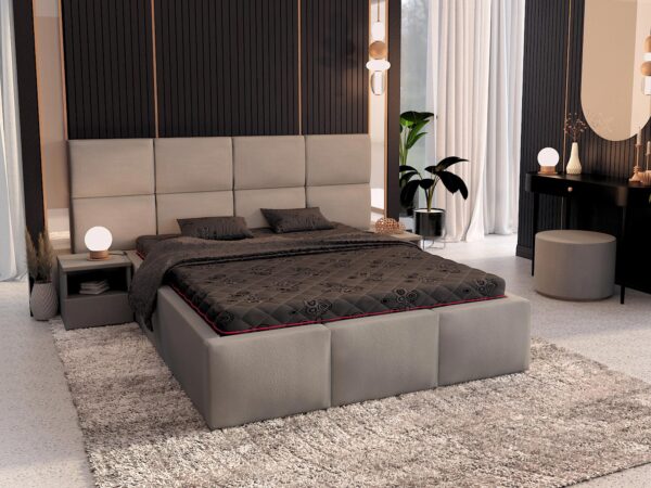 Ciemnoszare łóżko z wysokim zagłówkiem i materacem sprężynowym