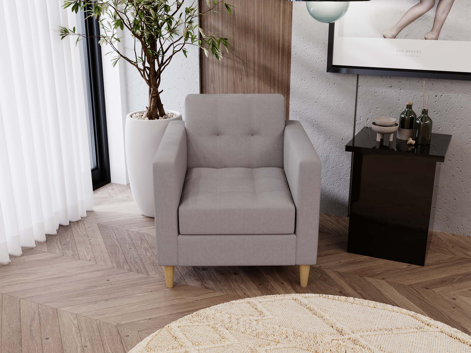 szary fotel w stylu loft – przy drewnianej podłodze i sztuce nowoczesnej szary fotel w stylu loft – przy drewnianej podłodze i sztuce nowoczesnej