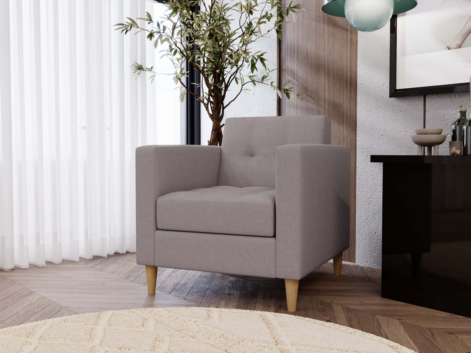 Fotel kremowy z miękkim oparciem – w jasnym, naturalnym wnętrzu Fotel kremowy z miękkim oparciem – w jasnym, naturalnym wnętrzu