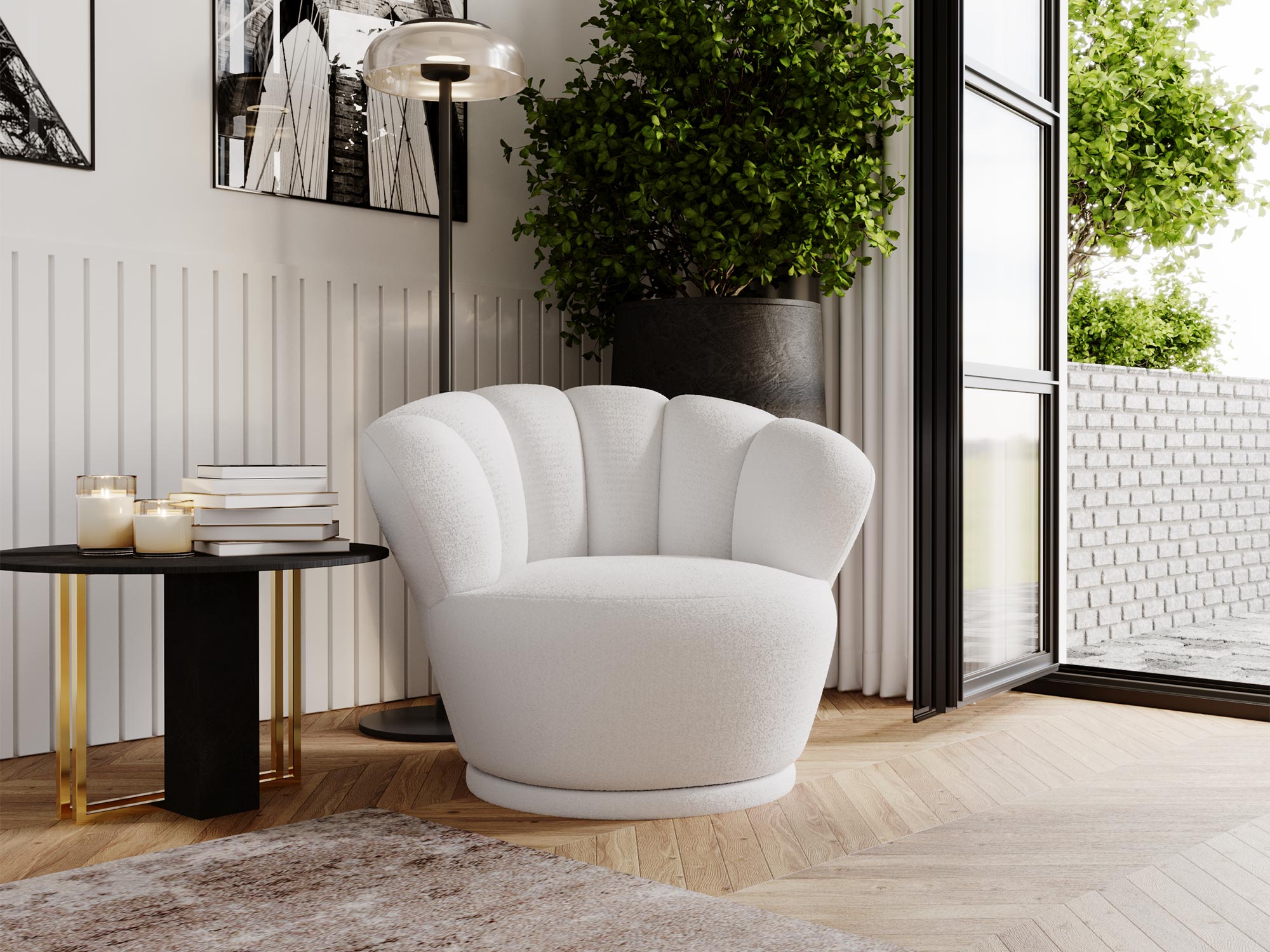 Biały fotel tapicerowany – muszla, tło jasne wnętrze Biały fotel tapicerowany – muszla, tło jasne wnętrze