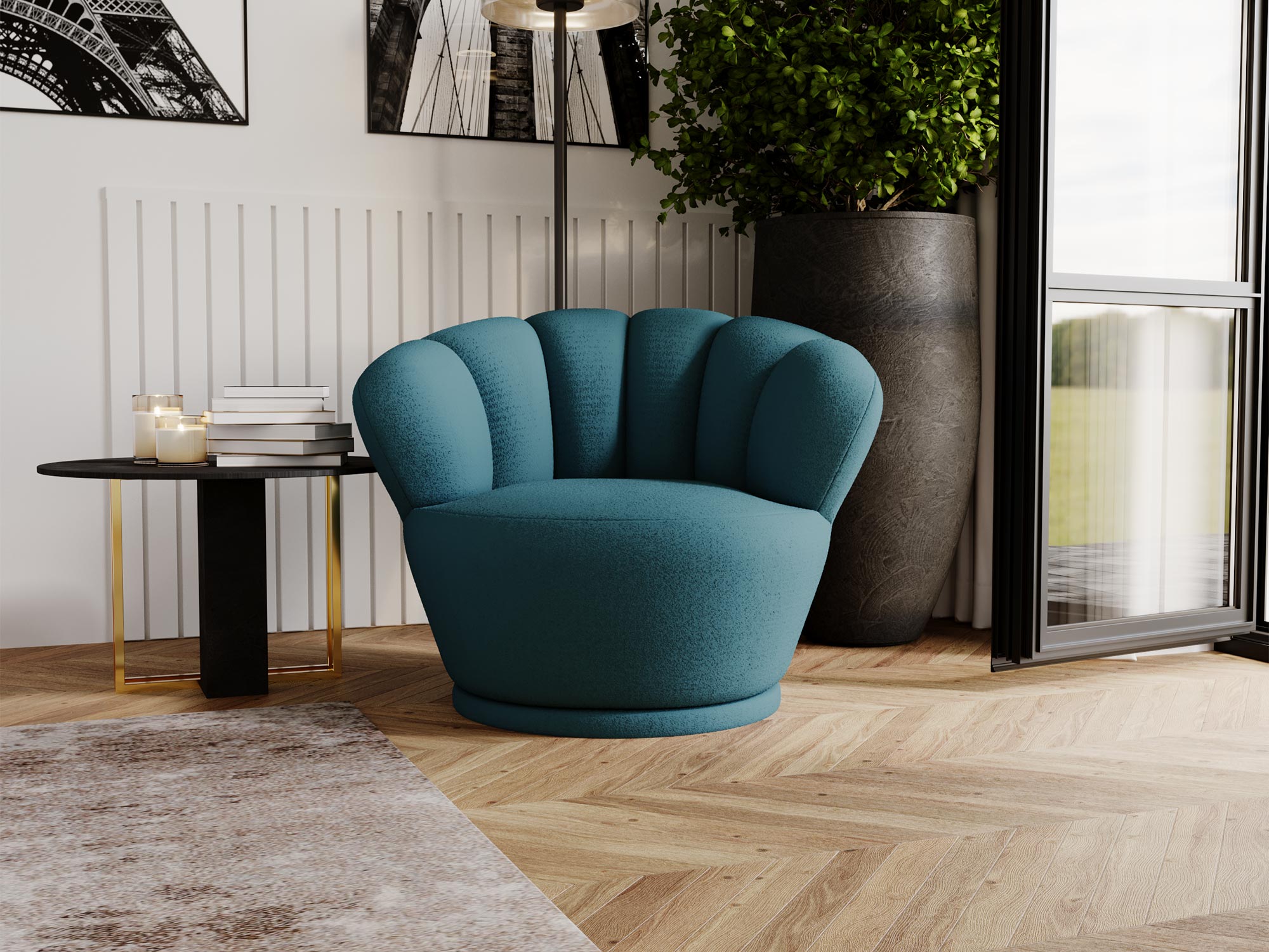 Fotel muszelka granatowy – aranżacja salonowa Fotel muszelka granatowy – aranżacja salonowa