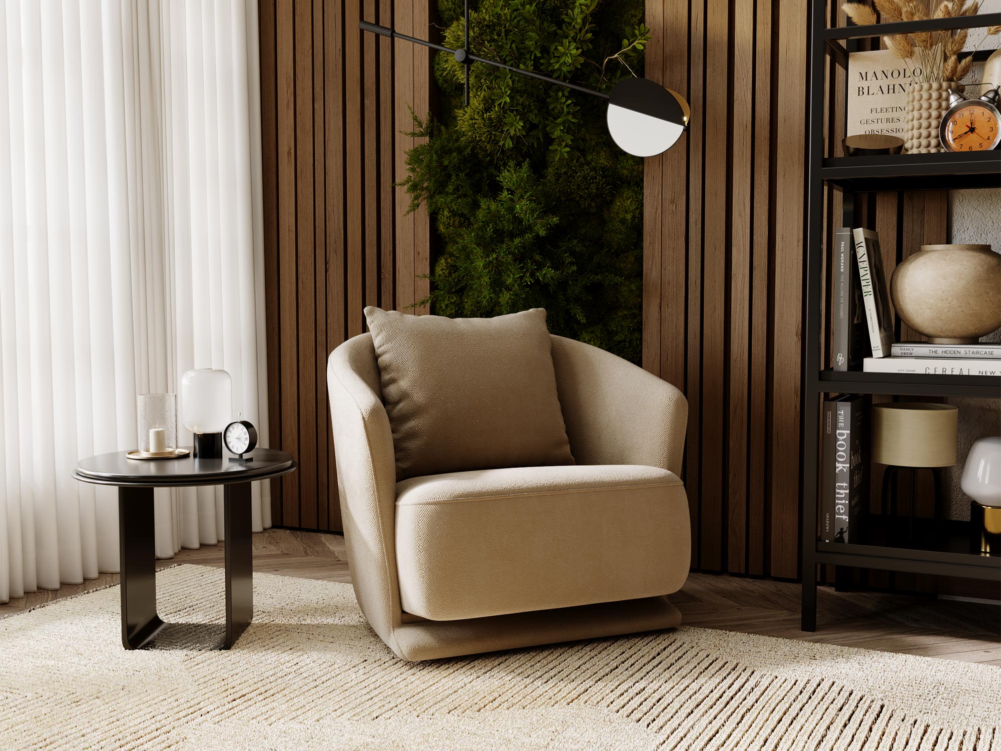 Jasnobeżowy fotel z dekoracyjną poduszką i czarną lampą Jasnobeżowy fotel z dekoracyjną poduszką i czarną lampą