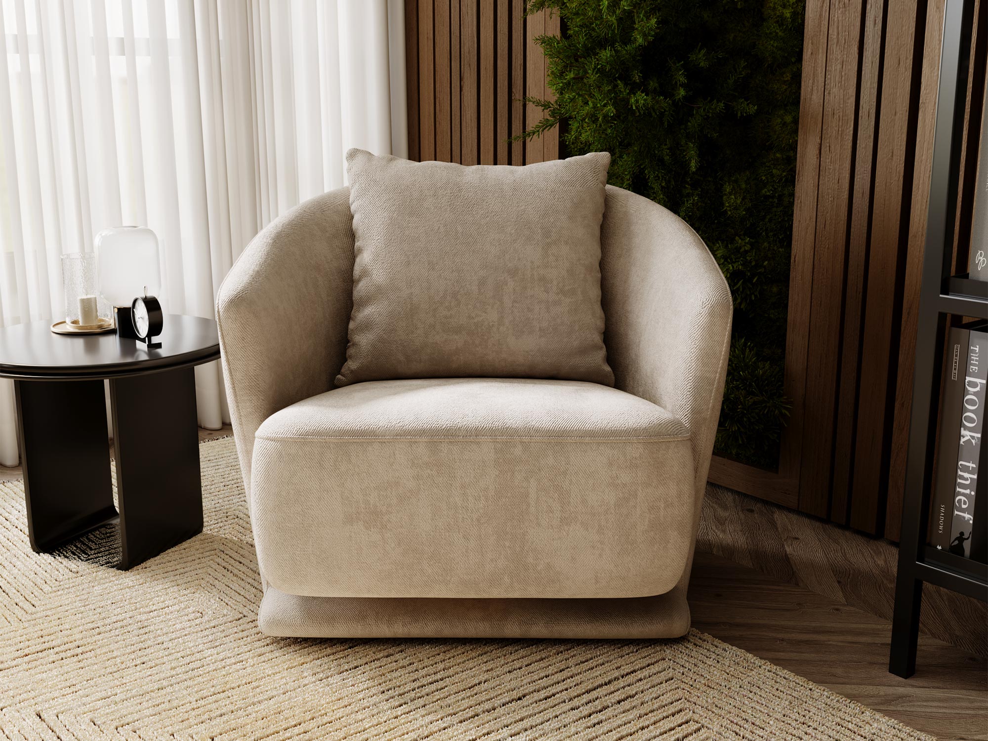 Beżowy fotel z tapicerką boucle i czarną podstawą Beżowy fotel z tapicerką boucle i czarną podstawą