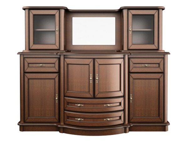 Segment pokojowy z przeszklonymi szafkami i szufladami