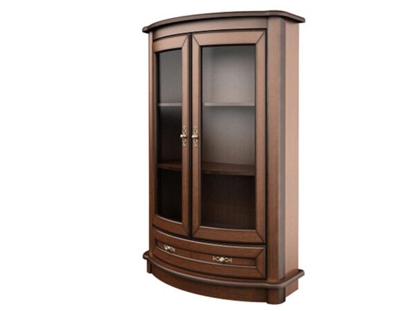 Witryna z zaokrąglonymi bokami i półkami ekspozycyjnymi