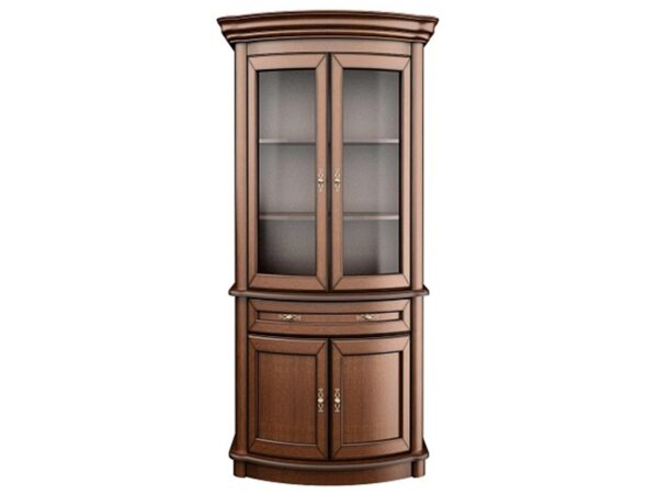 Narożna witryna z przeszklonymi drzwiczkami i szafką