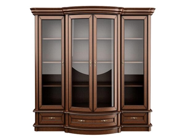 Czterodrzwiowa witryna z przeszkleniami i ciemnym fornirem