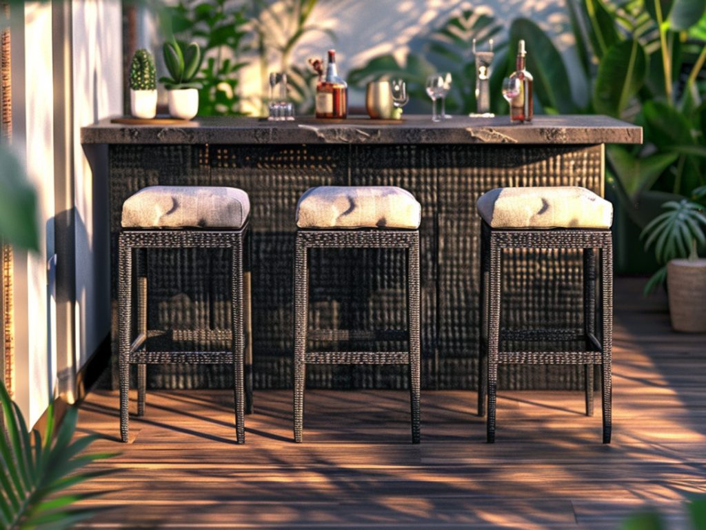 Zewnętrzny bar z hokerami z rattanu na tarasie w stylu boho