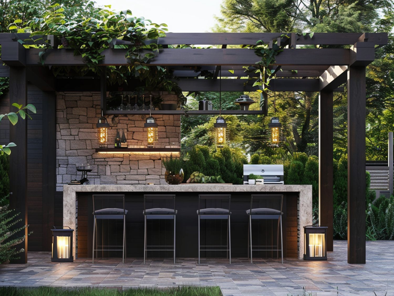 Nowoczesny bar ogrodowy z podświetleniem LED i czarnymi hokerami