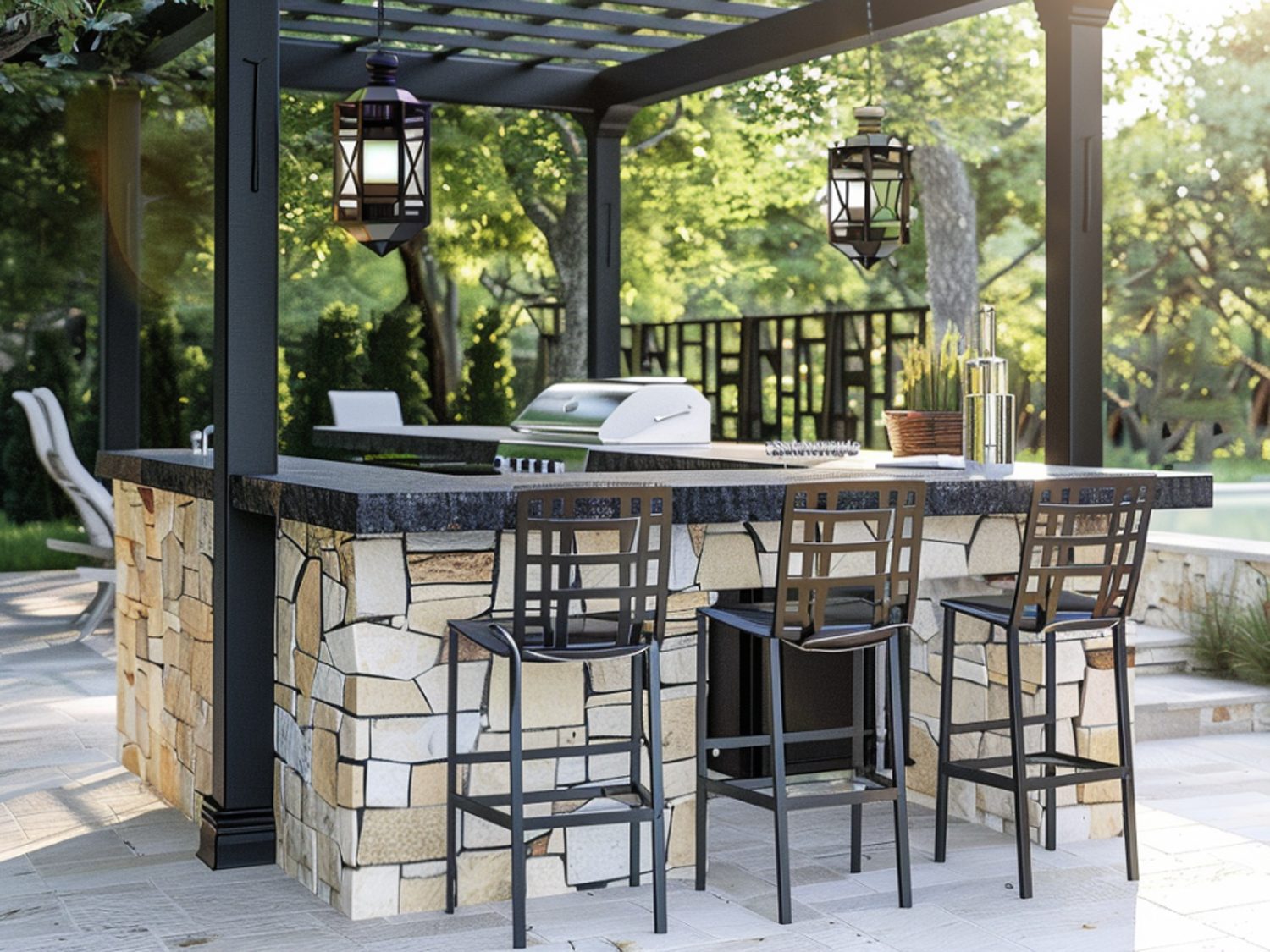 Ogrodowa wyspa grillowa z kamienia i hokerami w stylu rustykalnym