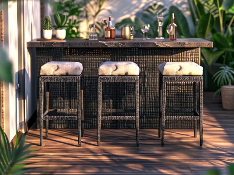 Zewnętrzny bar z hokerami z rattanu na tarasie w stylu boho
