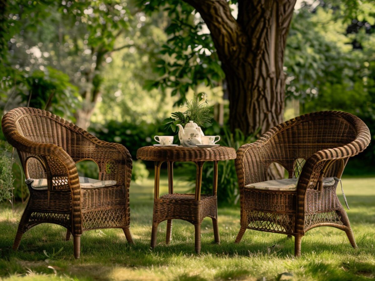 Zestaw ogrodowy z technorattanu w rustykalnym stylu na zielonym trawniku