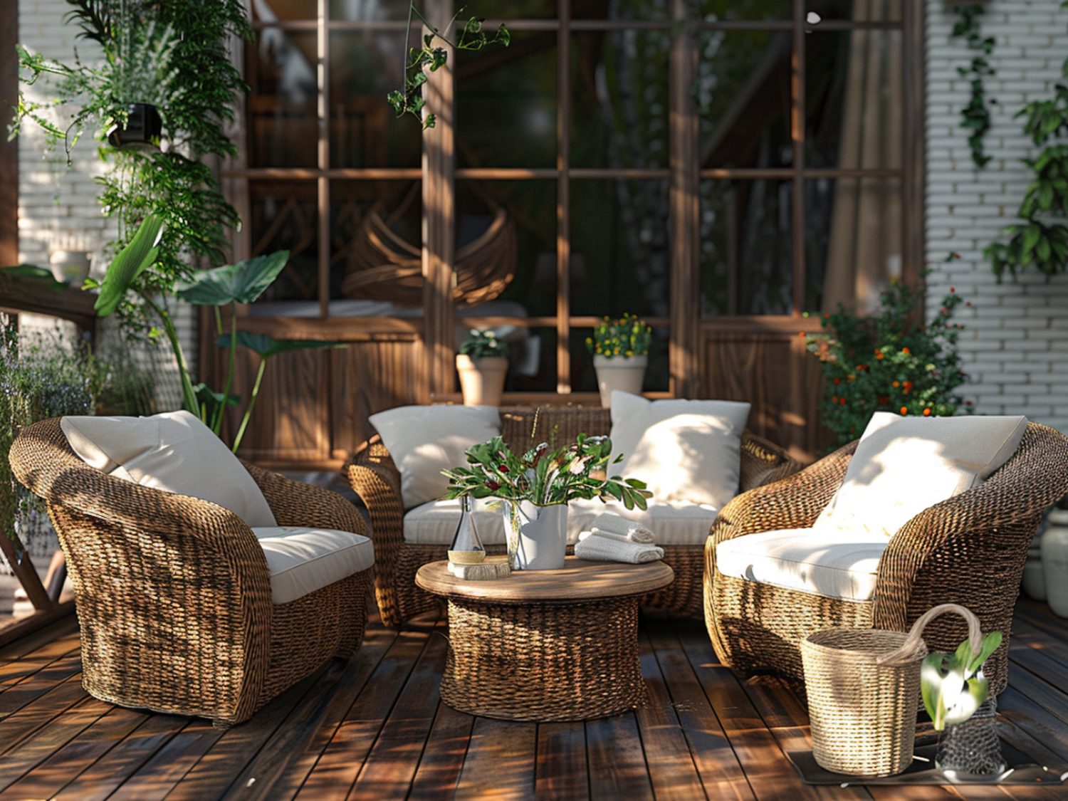 Taras z meblami z rattanu i okrągłym stolikiem kawowym w stylu eko