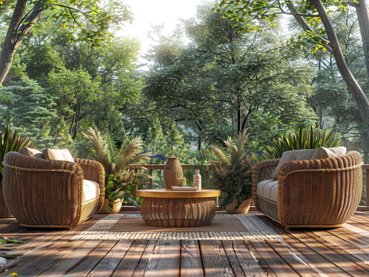 Meble ogrodowe z technorattanu na tarasie w stylu naturalnym