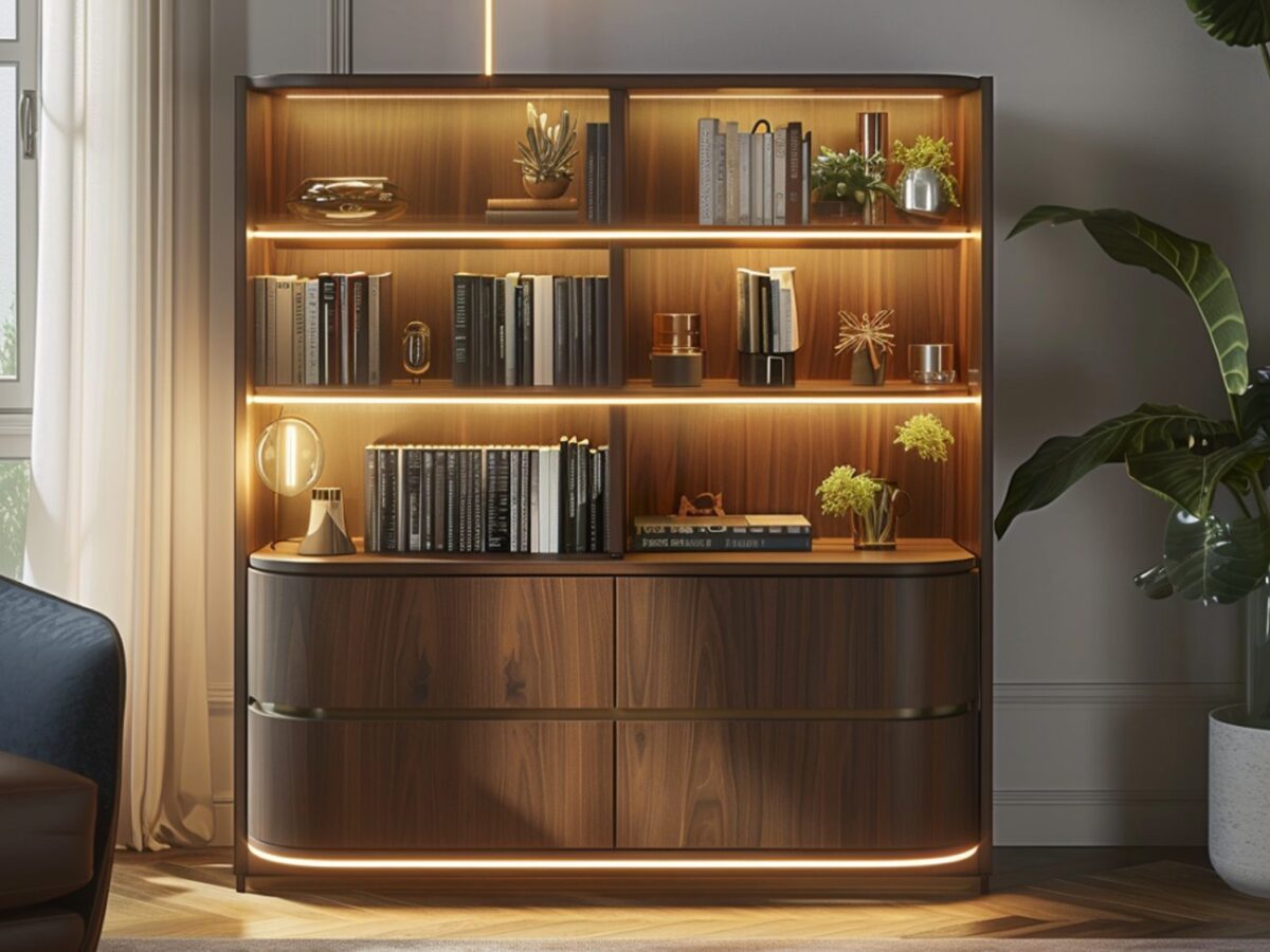 Owalna witryna z podświetleniem LED w nowoczesnym salonie