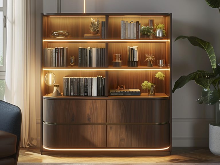 Owalna witryna z podświetleniem LED w nowoczesnym salonie