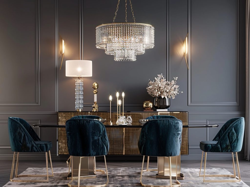 Okrągły stół glamour z kryształowym żyrandolem i aksamitnymi krzesłami