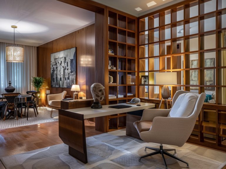 Klasyczne drewniane biurko z regałem w eleganckim gabinecie